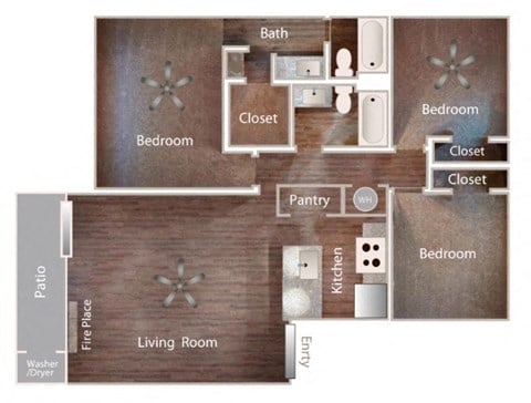 Floor plan for 3 beds, 2 baths, 1193 sqft